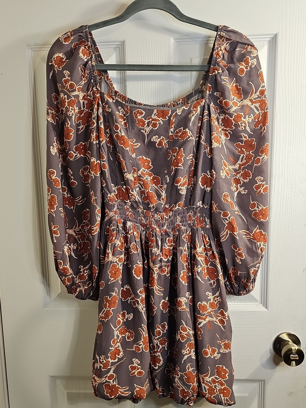 Promesa Mauve Floral Smocked Waist Long Sleeve Dress - Rust Print